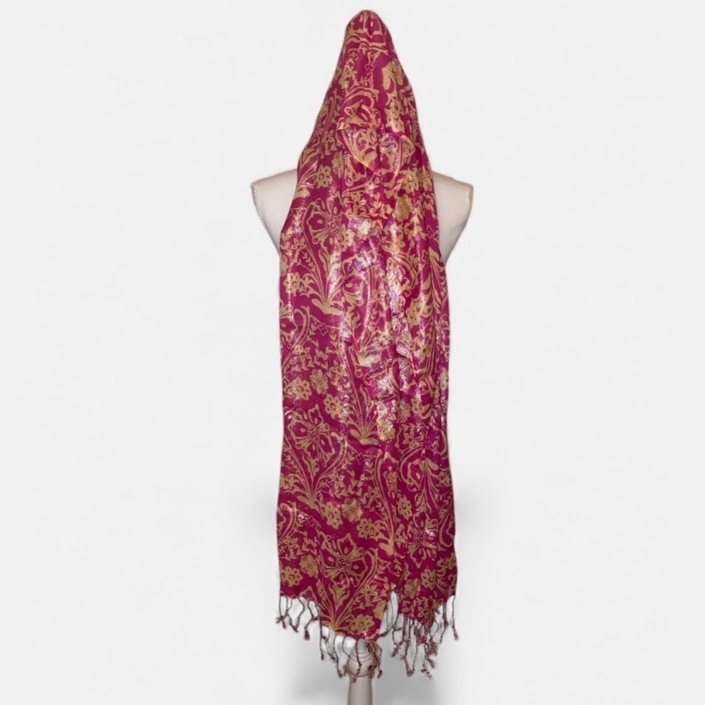 KARMA SCARF Shawl Wrap Fringe Paisley & Floral Pattern Pink and Beige
74” x 23” - Picture 3 of 9